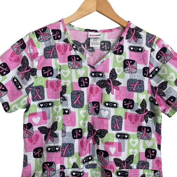 Scrubstar Women Top S Pink Uniform Medical Nurse Pattern Breast Cancer Awareness - Picture 9 of 9